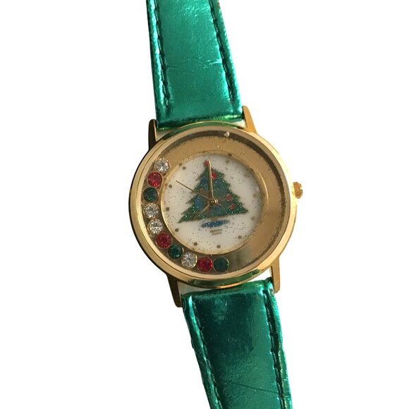 WOMENS GREEN LEATHER CHRISTMAS TREE WATCH